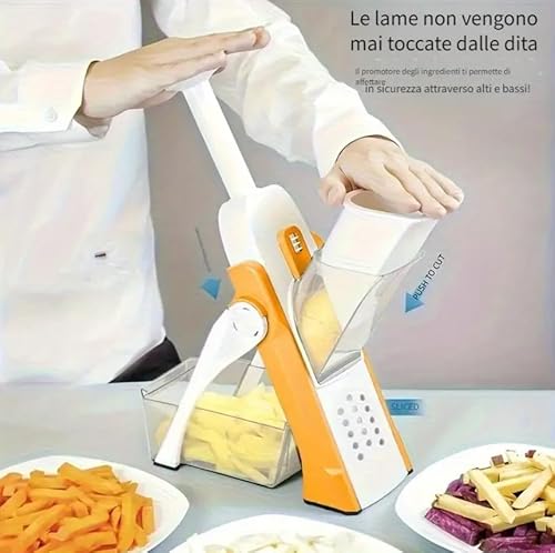Mf Artshop Mandolina Da Cucina Multifunzione Affettatrice Manuale Verdure Frutta Con Contenitore, Lama Regolabile Per Julienne, Insalate, Patatine Fritte - 5