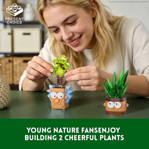 Image of JAKI Botanicals Funny Cartoon Plants Building Toy Set - Interchangeable Pot Design Desk Decor Birthday Gift Idea for Young Gardeners Artificial Indoor Plant Play & Display for Kids, Girls and Boys 12+