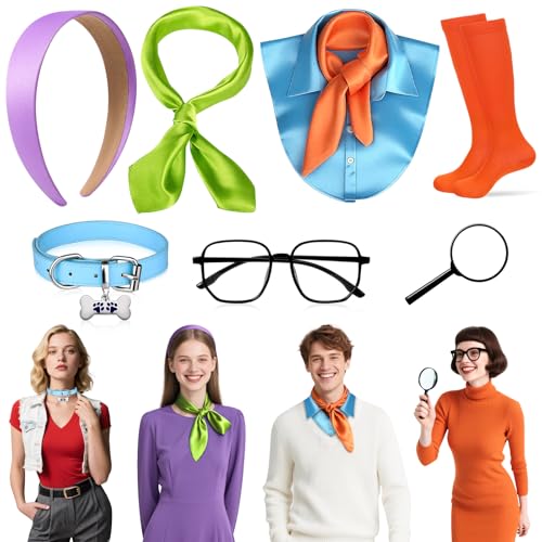 Kanmeii 8 Pcs Halloween Costume Accessories Set for Adult-Purple Headband Blue Fake Collar Scarves Cosplay Supplies for Theme Parties Role Playing School Activities