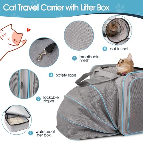 Transportadora de viagem para gatos com caixa de areia, transportadora expansível para animais de es
