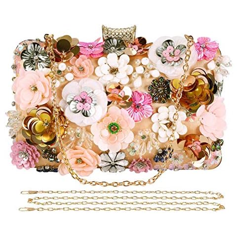 Selighting Colorful Floral Clutch Evening Bags for Women Formal Beaded Bridal Wedding Purse Prom Cocktail Party Handbags Champagne Cover