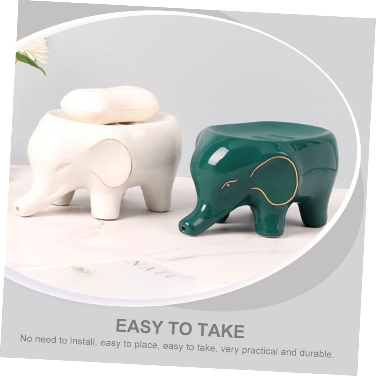 LABRIMP Jabonera de Cerámica Forma de Elefante, Orificio de Drenaje y Almacenamiento de Jabón para Baño y Hogar