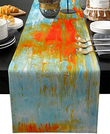Edwiinsa Abstract Art Cotton Linen Table Runner Rectangle Plate Mat Outdoor Rug Runner for Coffee Dining Banquet Home Decor, Teal Orange Painting Artwork, 13 x 90 inch
