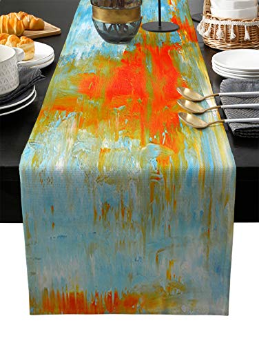 Edwiinsa Abstract Art Cotton Linen Table Runner Rectangle Plate Mat Outdoor Rug Runner For Coffee Dining Banquet Home Decor, Teal Orange Painting Artwork, 13 X 90 Inch #TOP1