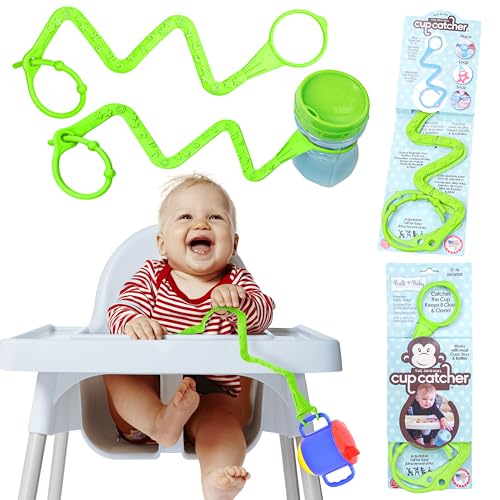 Brilli Baby Cup Catcher Patented Safety Tether Strap, Attach Sippy Cups, Bottles, Pacifiers &amp; More to Stroller, High Chair, Car Seat, Made in USA, Food Grade, Dishwasher Safe, Lime/Lime