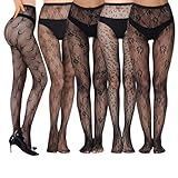Eniyou 5 Paires Collant Fantaisie Femme Collant Dentelle Noire Coll ant Dentelle Noir Collan t Motif Femme avec Fleurs,Lune,Imprimé léopard,Nœud Papillon,Sexy,Idéal pour les Fêtes,Cosplay,Spectacles