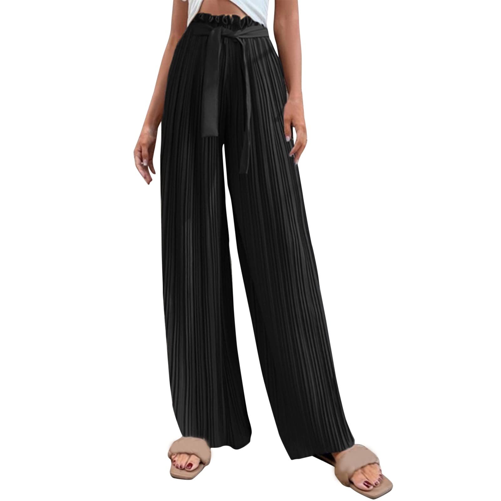 niuwa Womens Casual Floral Print Belted Summer Beach High Waist Wide Leg Pants Women Lounge Trousers Black XL