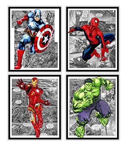 Superhero Avengers Marvel Watercolor Posters Prints Pictures Wall Art Decor Decorations Gifts Merch Comics Characters for Boys Room Nursery Kids Rooms Bedrooms Toddlers Teens Bathrooms Girls Rooms - 8x10 Inches UNFRAMED Set of 4 by GROUP DMR (SHG4)
