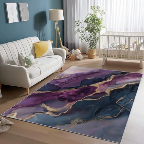 Tapis abstrait vagues lavable et antidérapant violet