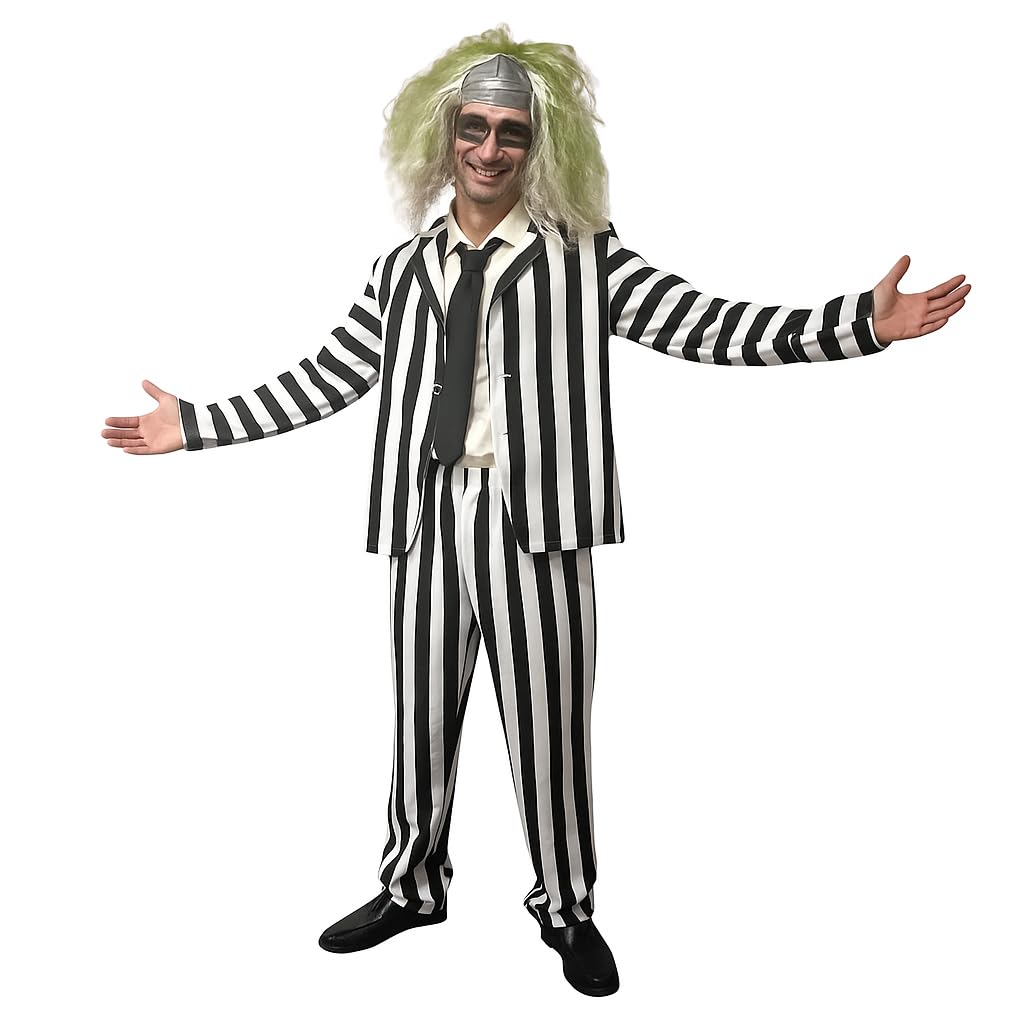SoWest Men’s Black & White Striped Suit Costume – Adult Horror Fancy Dress Outfit with Jacket, Trousers & Wig | Halloween Comedy Ghost Character Cosplay for Adults - L