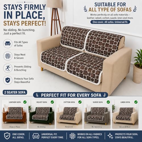 Image of Homerz Premium 'Maharaja Paradise Series' Sofa Cover | Net Fabric Sofa Cover | Washable, Anti-Dust Backed & Wrinkle Resistant Cover (Leafy Checks, 2 Seater, Seat Cover with Backrest)