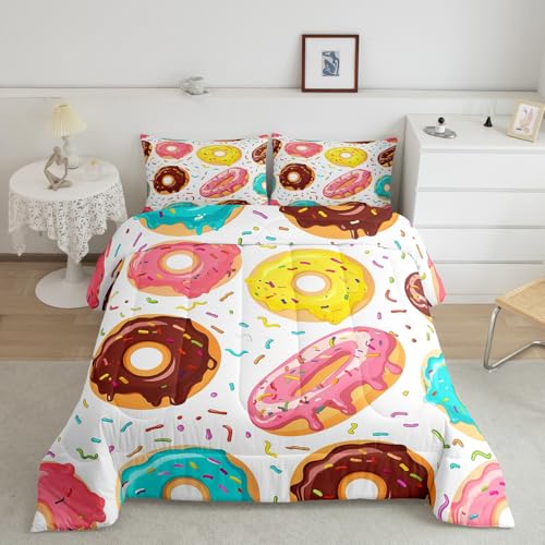 Image of Feelyou Girly Cute Comforter Set Sweet Donuts Bedding Set for Kids Boys Girls Chocolate Doughnut Cream Comforter Cute Whimsical Dessert Decor Quilt Set with 1 Pillowcase 2Pcs Bedding Twin