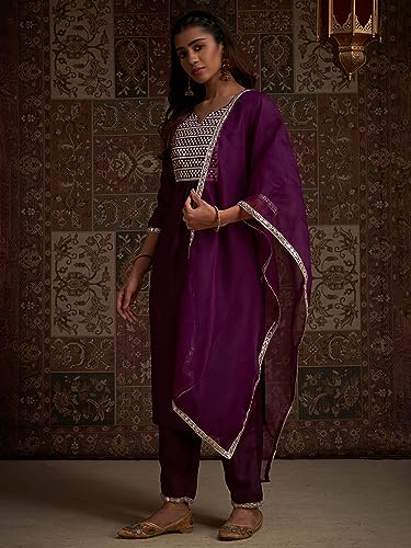 Image of INDO ERA Women's Purple Yoke Design Polyester Kurta & Pant With Dupatta Set