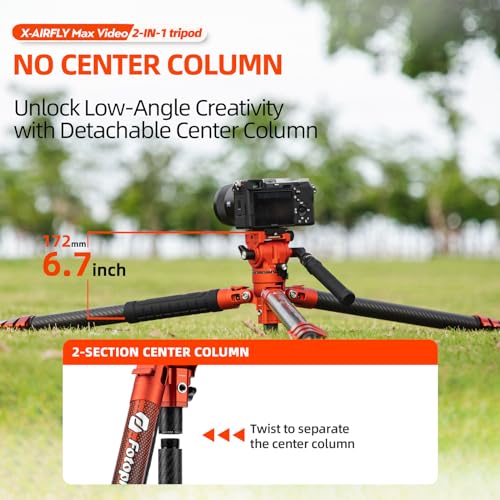 Image of Fotopro 67.3 inch Carbon Fiber Travel Tripod, Professional Heavy Duty Video Tripod with Hydraulic Spherical Pan-Tilt Flip Lock Max Load 22lbs, wih Monopod Phone Clip, X-AIRFLY Max Video Orange