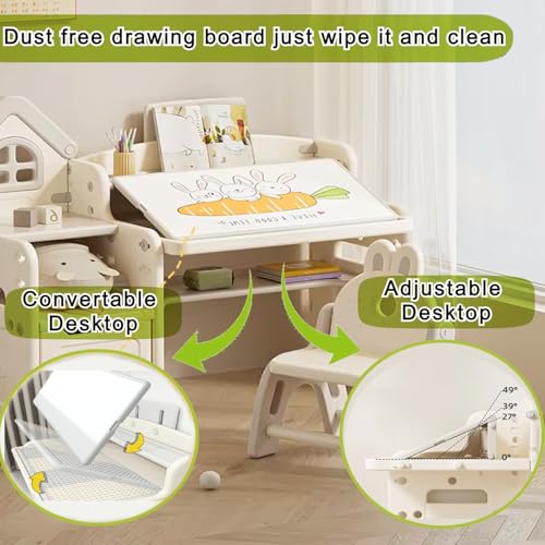 Image of Kids Study Table with Chair Height Adjustable 5 to 12 Years Boys Girls Student Study Desk Chair Combo Children for Home Reading (Grey White, 4in1 Table and Chair)