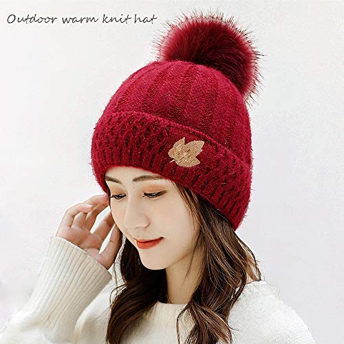 Aione Sombreros de Invierno Fleece Mujeres Línea de Punto Beanie Sombrero Señoras cálido Sombrero Beanie Cap Grande Sombrero de Piel de imitación de Bobble Gorra de esquí Snowboard Sombreros,Burgundy