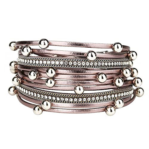 CrEev Pulsera para mujer multicapa con hebilla magnética y diamantes de imitación, pulsera de mujer de cuero natural gris perla