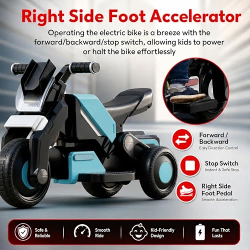 Image of StarAndDaisy Electric Ride-On Bike for Kids, Toddlers & Baby - 3 Wheel Rechargeable 6V Motorcycle with LED Lights, Bluetooth, USB, Foot Acceleration and Comfortable Seat (Blue)