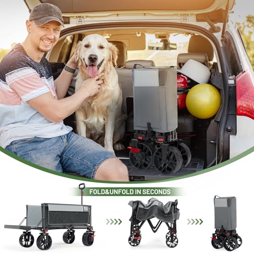 Image of TIMBER RIDGE 47 inch L Collapsible Wagon with Tailgate & Brake, 300 lbs Heavy Duty Beach Wagon with All-Terrain Big Wheels, 250L Foldable Utility Cart for Sand Camping Sports Shopping, Grey