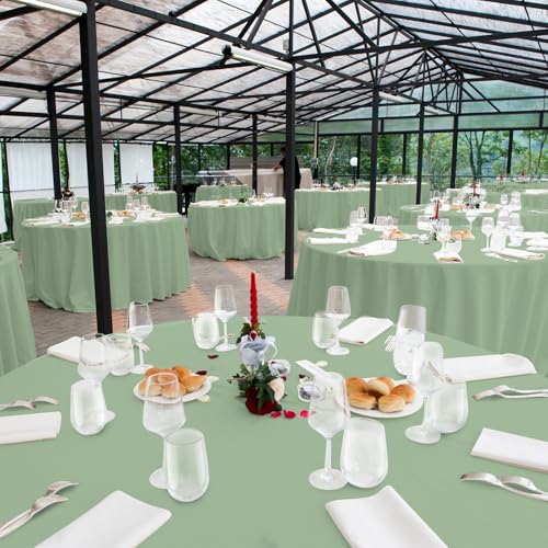 Image of Ragnhild 16 Pack Sage Green Plastic Tablecloths for Round Tables, Premium Decorative Sage Disposable Table Covers for Parties, Round Party Table Cover for Birthday Wedding Baby Shower Party, 84 Inch