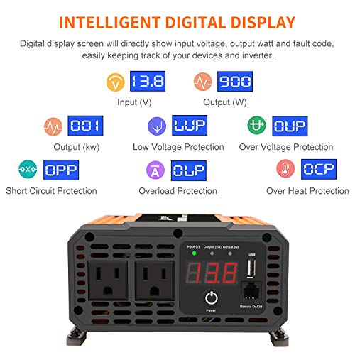 Ampeak 1000W Power Inverter 12V DC to 110V AC with 2 AC Outlets and USB Port Remote Control Car Converter