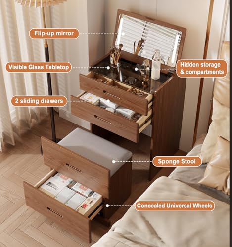 Image of KungFuWood 3 In1 Soild Wood Make up Table with Hidden Mirror and Chair,Vanity Compact Desk with Lights,W24xd20xh32inch Dressing Table with 4 Drawers Storage and Adapter Outlet for Small Space