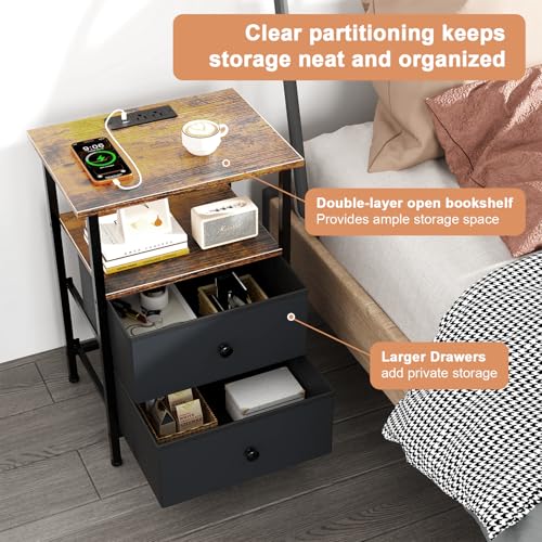 Image of Nightstand with Charging Station, Bedside End Table with 2 Fabric Drawers for Bedroom, Side Table with USB Ports and Outlets (Brown Black)