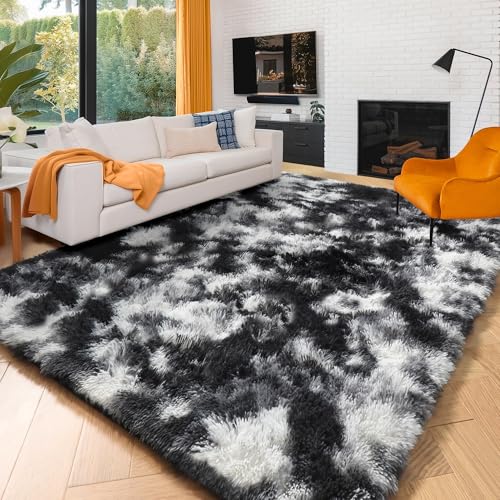 Amdrebio Black White Grey Area Rugs for Living Room, 5x8 Soft Fluffy Rugs for Bedroom, Furry Plush Rug for Kids Room, Modern Large Shaggy Rug for Men, Boy, Aesthetic Cool Floor Carpet for Dorm