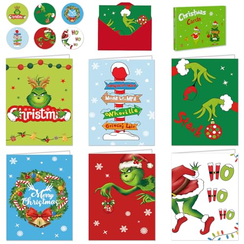 Christmas Cards 2025 Pack of 24 - Multipack Xmas Cards - 6 Different Grnch Designs with 24 Envelopes in 6 Colors for Family Friends Granddaughter and Children