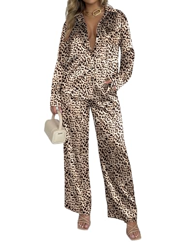 Image of Ekouaer Womens Satin Silky Pajama Set 2 Piece Print PJs Soft Loungewear Button Down Sleepwear with Elastic Waist Long Pants