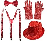 Que obtendrá: El conjunto de accesorios incluye 1* Gorra de Jazz (dos tallas de niños a elegir) de color sólido de lentejuelas, 1* Tirantes elásticos de lentejuelas en Y (talla única), 1* Pajarita preatada de lentejuelas (talla única) y 1* Guantes de Michael Jackson(talla única).