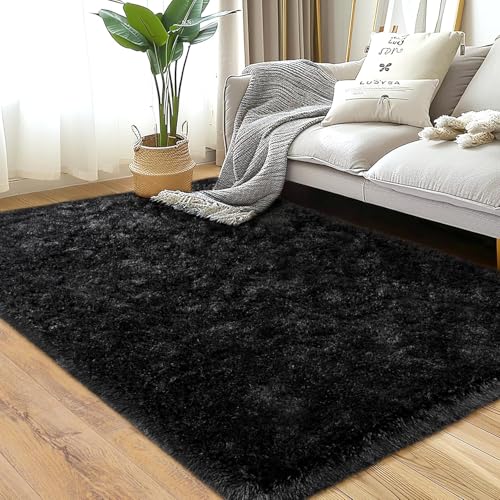 Image of Carpet for Hallway, Kitchen, and Modern InteriorsCarpetCozy Shag Runner for Living Room, Bedroom & Office Decor ETC Size 5x8 feet, Patten-Solid Black