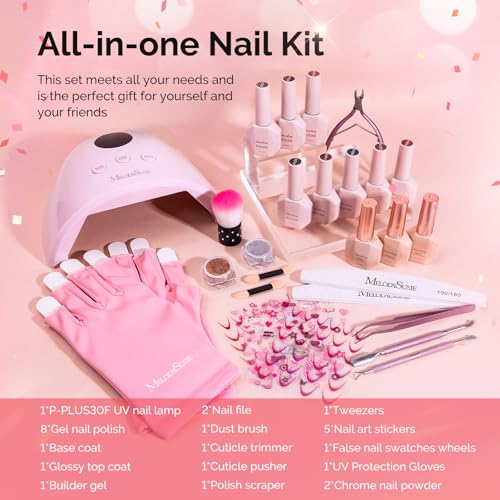 Image of MelodySusie Gel Nail Polish Kit with UV Light P-PLUS30F- Popular Color Gel with Builder and Baser &Glossy Top Coat Soak Off Includes Nail Art Tools Nail Art Gift for Women & Girls