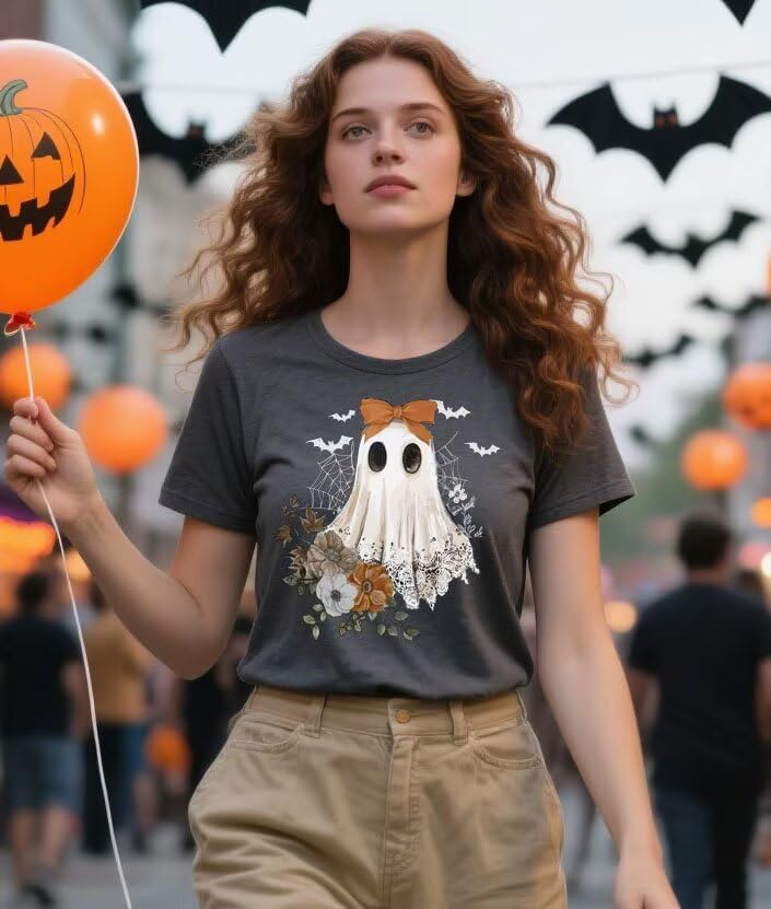 Halloween Shirts for Women Cute Ghost Graphic Tees Fall Crewneck Short Sleeve Costumes Autumn Party Graphic T-Shirt - Image 2