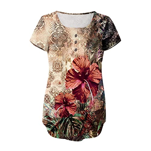 Tunic Tops Women Summer Casual Dressy Short Sleeve Floral Boho T Shirts Henley Tshirt Cute Tees Trendy Flowy Ladies Blouses, Green-04, X-Large #TOP5