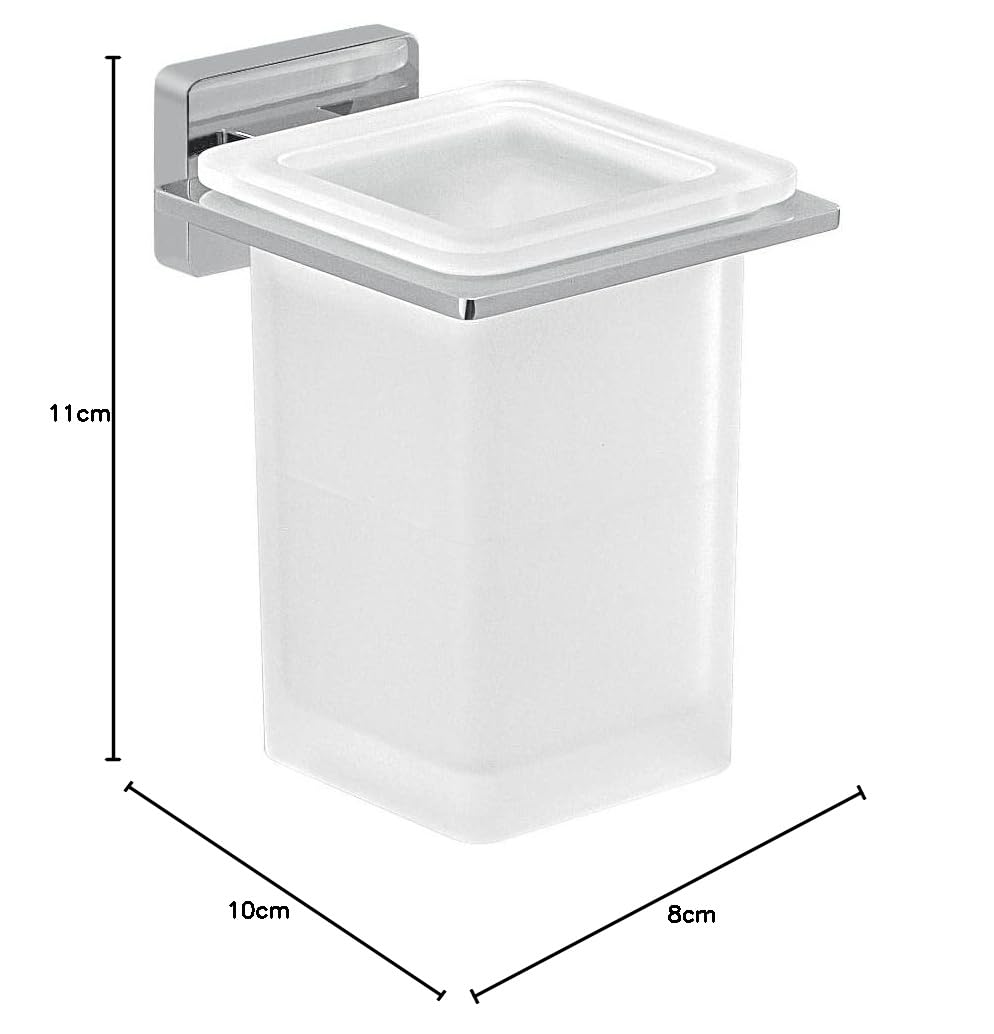 Kiamami Valentina Portaspazzolini Metallo Cromato con Bicchiere Atene | Bicchiere in vetro satinato, supporto cromato, fissaggio con viti incluse, placca 50x35 mm, design moderno