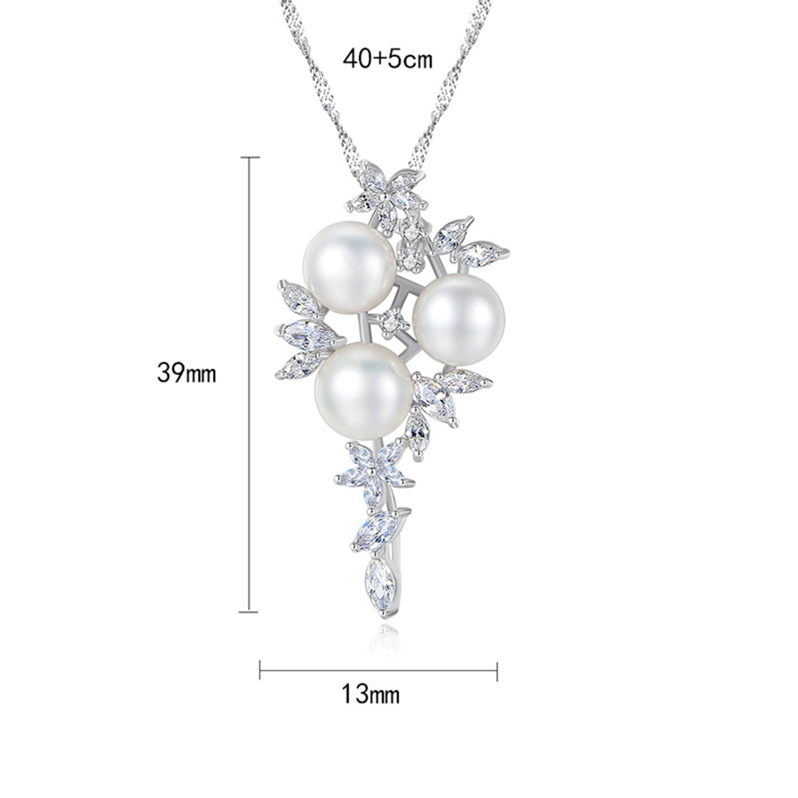 Naszyjnik damski 375 585 750 białe złoto, łańcuszek z zawieszką z białą perłą i kwiatowymi liśćmi z diamentowym łańcuszkiem 45 cm ślub panna młoda