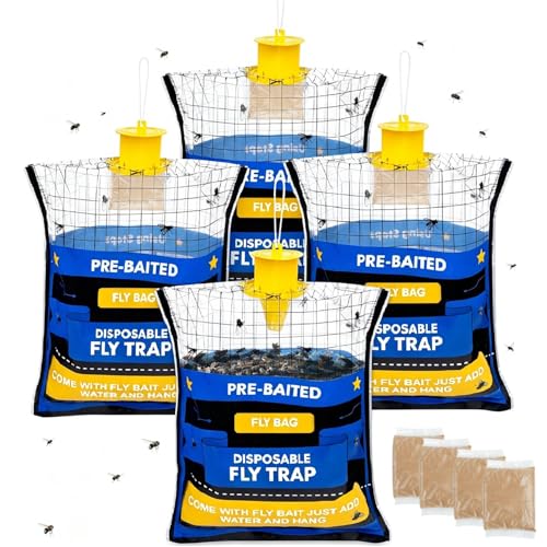 Big Disposable Hanging Fly Trap Bag 4 Pack for Chicken Coop Barn Ranch Farm