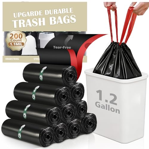 Image of 200 Counts 1.2 Gallon Trash Bag Drawstring Small Trash Bags, Thick Pre-separated Garbage Bags, Trash Bin Liners, Suitable for bathroom, kitchen, bedroom, office (Black)