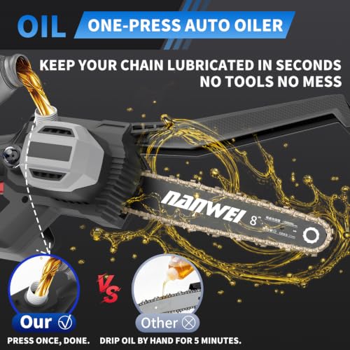 Image of NANWEI 8 Inch Cordless Chainsaw for Tree Trimming & Wood Cutting, Lightweight Handheld Mini Chain Saw with 2 x 4.0Ah Batteries, Brushless Motor for Long Runtime & Low Noise