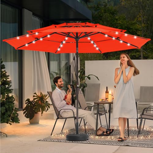 Image of JEAREY 3 Tiers Patio Umbrella with Solar Lights 9ft Outdoor Market Table Umbrellas with Push Button Tilt for Outside Pool Garden, Orange