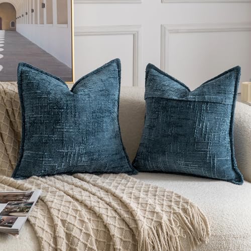 Image of MADIZZ Pack of 2 Chenille Throw Pillow Covers 16x16 Inch Blue Soft Neutral Decorative Throw Pillows for Couch Sofa Boho Accent Cushion Covers Modern Farmhouse Home Decor for Bedroom Living Room