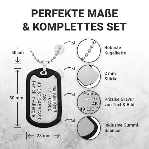 Generisch Dog Tag Personalisiert – Erkennungsmarke Edelstahl – Matt Kette Mit Namen – Gravur – Personalisierte Kette Herren – Militär Geschenke – 2 Mm Dick – Gravur – Set Mit Clip Und Gummi-Silencer