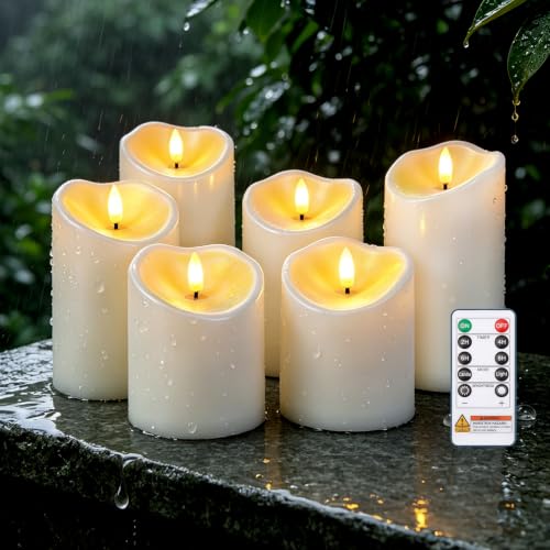 Image of Raycare Outdoor Waterproof Flameless Candles, Battery Operated LED Candles with Remote Control and Timer, Electric Fake Plastic Pillar Candles, Ivory White, Set of 6(3 inchx4 inch5 inch 6 inch)