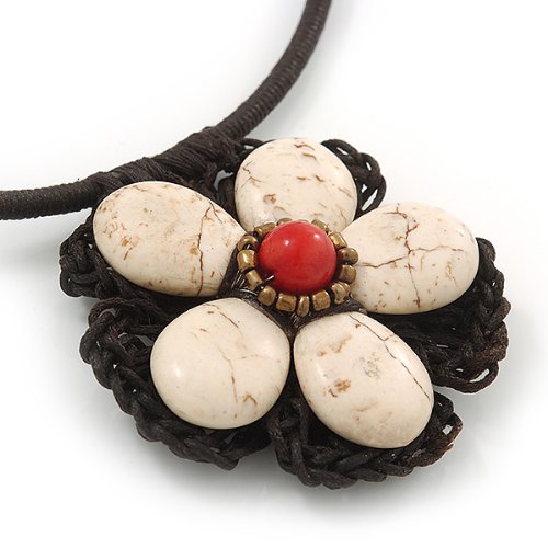 Collier ras du cou céramique blanche fleur ajustable pendentif verre