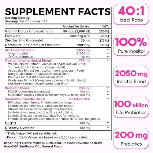 Liposomal Myo-Inositol & D-Chiro Inositol Powder | 180 Days Supply | 40:1 Ideal Ratio Inositol Supplement for Women, Probiotics & Herbs | Hormone Balance & Harmony, Fertility, Ovarian Health & Cycle - Image 3