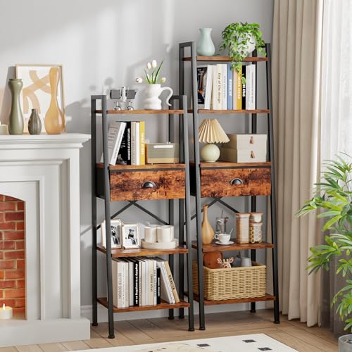 Furologee 5 Tier Ladder Shelf With Drawer, Tall Bookshelf Storage Shelves, Bookcase Standing Shelf Units, Industrial Open Display Shelves Organizer For Bedroom thumb #6