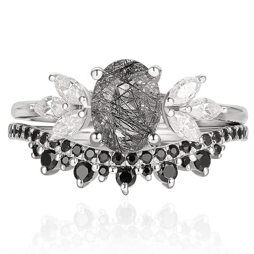 Black Rutilated Quartz Wedding Ring Set for Women 925 Sterling Silver Plated Platinum Art Deco Goth 1.09 CT Natural Gemstone Bridal Engagement Promise Rings for Her Size 4-9