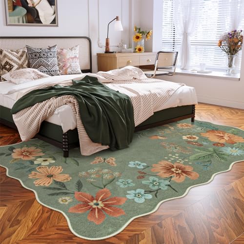 Lahome Floral Living Room Rugs, Area Rugs 5x7 Rug for Bedroom Ultra-Thin Soft Rug, Non-Slip Washable Rugs Stain Resistant Boho Rug Flore Throw Rug for Dining Room Office (5x7ft,Green)