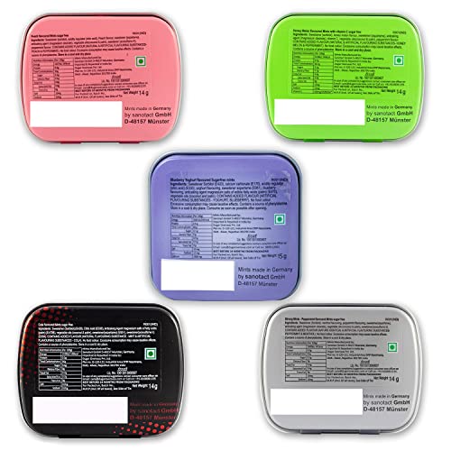 Image of inchIMPACTMINTS inch Sugar Free Mints, Pack of 5 Assorted Flavors (Blueberry Yoghurt, Honey Melon, Cola, Peach, Ice) 14g Each